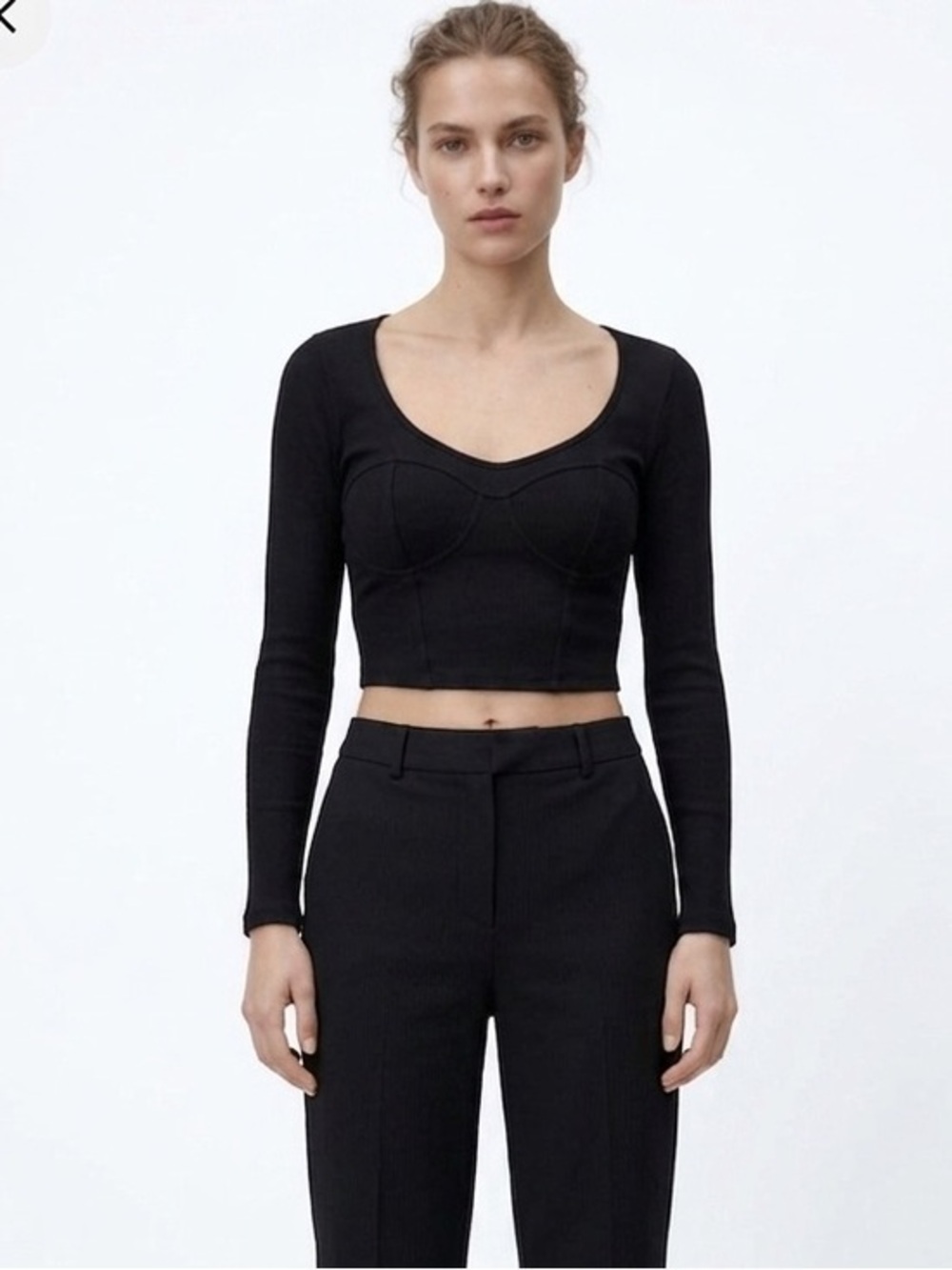 Zara Black Long Sleeve Bustier Crop Top Scoop Neck Size Small Cotton